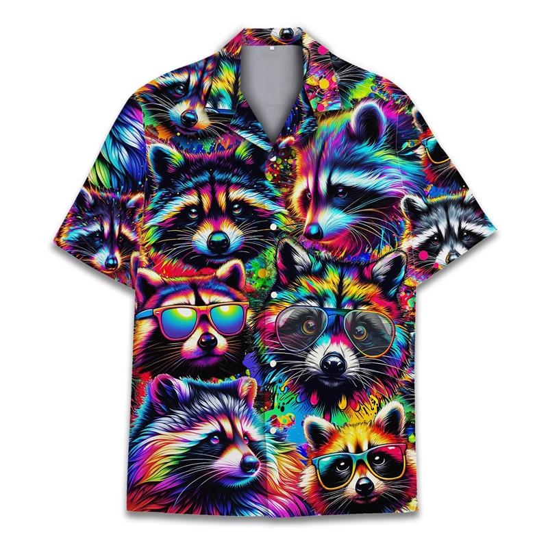 Magliette Divertenti con Stampa 3D di Procione da Uomo Camicetta Casual Hawaiana a Maniche Corte con Collo a Revers Camicia a Maniche Corte Estiva da Donna per le Vacanze