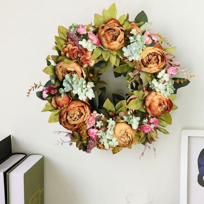 40CM Artificial Peony Wreath Indoor Outdoor Front Door Wall Hanging Fake Flower Garland