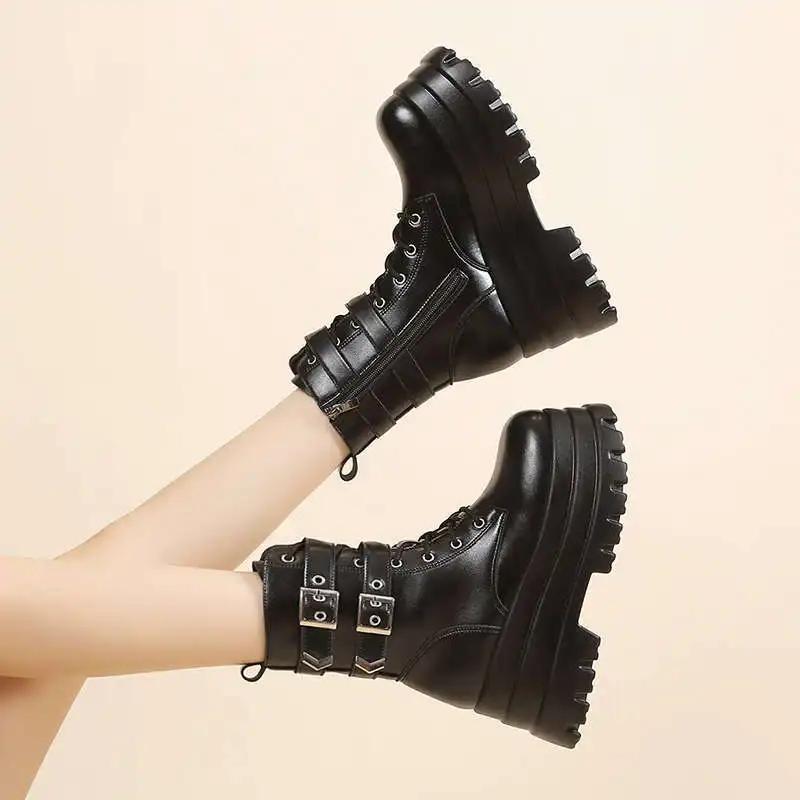Punk Style Women Shoes Lace-up heel height 9CM Platform Shoes Woman Gothic Ankle Rock Boots Metal Decor Woman Sneakers