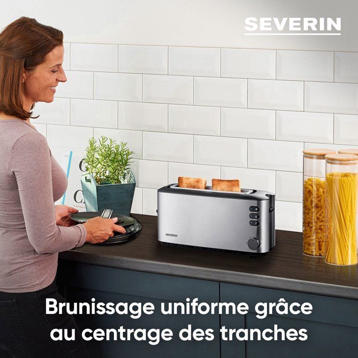 Grille-pain automatique compact - SEVERIN - AT 2515 - Toaster compact 1 fente, Réglage brunissage, Fonction décongélation, inox/noir