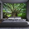 Enchanted Forest Banyan Tapestry, Massive Ancient Tree with Sprawling Branches and Dense Green Foliage, Calming Nature Wall Art