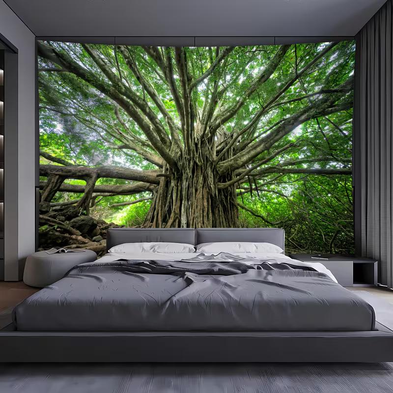 Enchanted Forest Banyan Tapestry, Massive Ancient Tree with Sprawling Branches and Dense Green Foliage, Calming Nature Wall Art