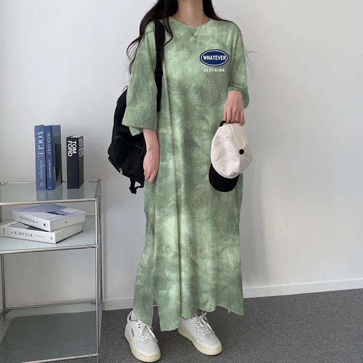 

2024 Summer Tie-Dye High-Elastic Casual Color-Block Slimming T-Shirt Dress Medium
