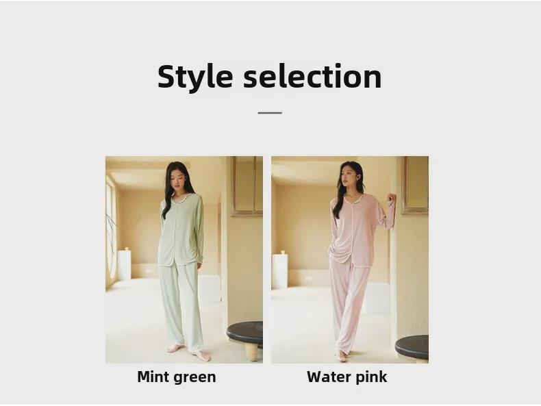 Women's High-End Modal Pajama Set: Long-Sleeved Top, Trousers, Chest Pads - Ideal for Autumn and Winter