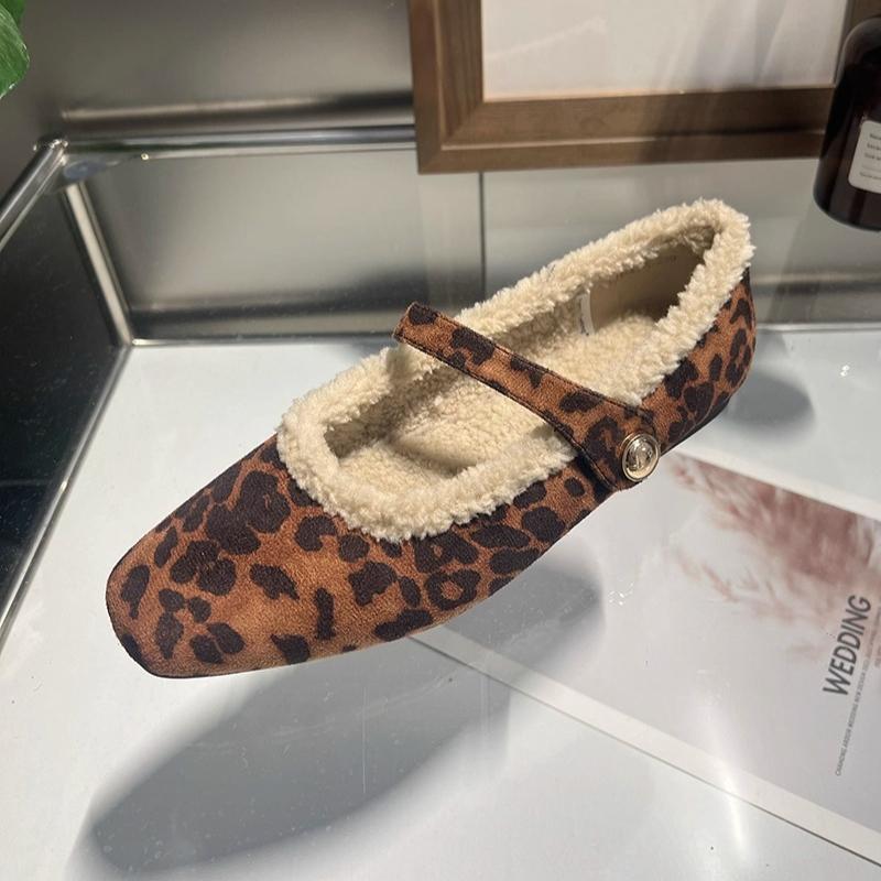 Comfort Leopard Suede  Flat Shoes Autumn Winter Fluffy Warm Soft Mary Jane Shoes Ladies Elegant Party Dress Shoes Pumps