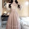 Autumn Light Pink Off-the-Shoulder Dress with Sweet Bow Tie, Lace Details, and Cinched Waist - Trendy and Cute Long Style for Women