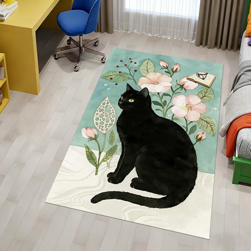 Black Cat Flowers Pattern Area Rug, Office Carpet Indoor Outdoor Entrance Doormat, Non-Slip Soft And Comfortable, Living Room, C122040