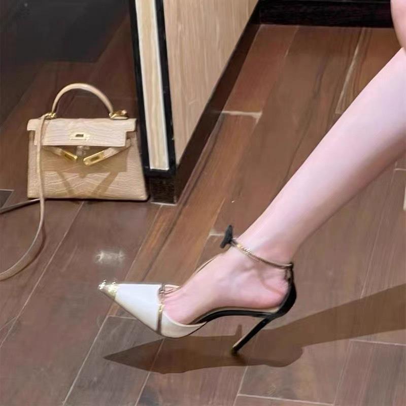 

Black high heels pointed iron head bag head bow temperament thin heel sexy word with sandals 39