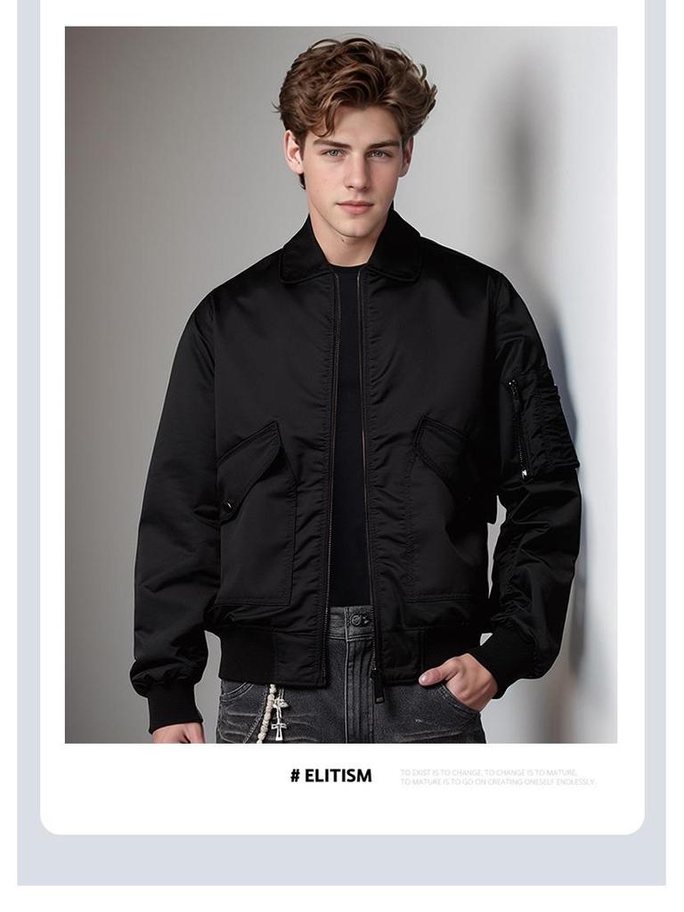 European & American Style Custom Printed Waterproof Flight Jacket with Stand Collar, Cotton Insulation, and Embroidered Logo.