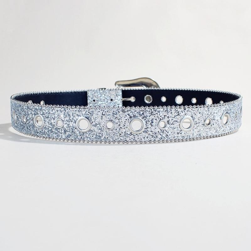 Shimmering Sequined Belt Girl Engraved Buckle Belt 2000s Waistband Punk Waistbelt Bead Trim Belt Aesthetic Waist Accessory