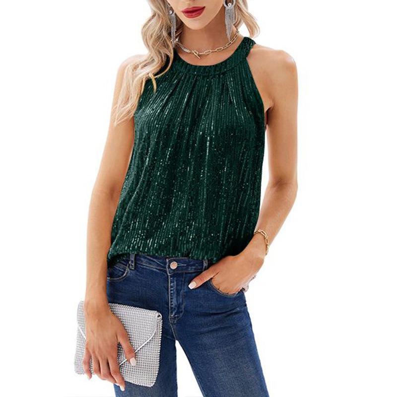 Summer New Sleeveless Loose Sequin Women Shirts Fashion Solid Halter Elegant Party Casual Blouse Women Tops Street Slim Fit Simple Ladies Shirt 26586