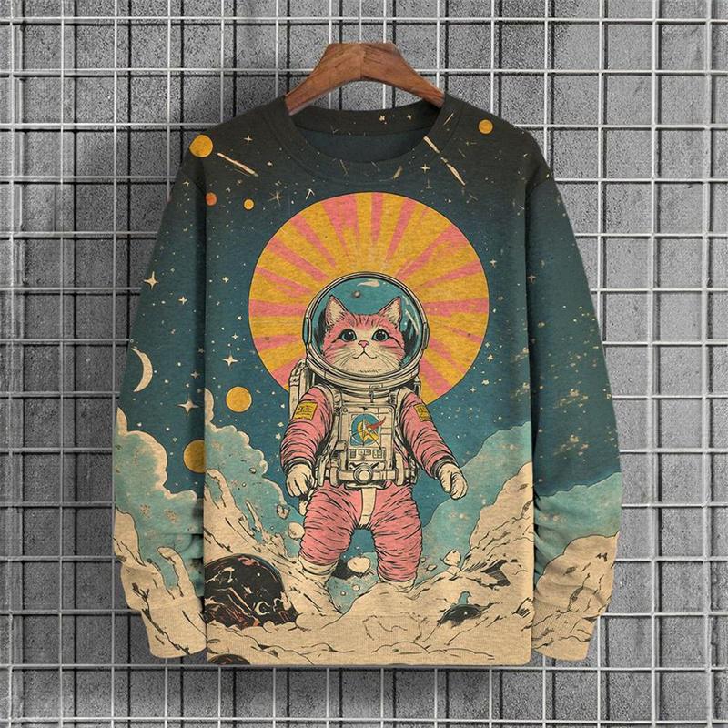 Japanese Pattern Sweatshirts For Women Space Cat 3D Printed Pullover Autumn Oversized O-Neck Hoodies Long Sleeves Clothing Tops