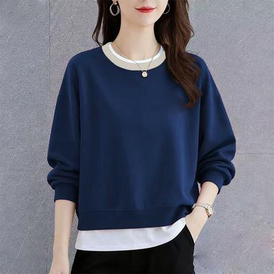 Spring and Autumn New Women's Round Neck Sweatshirts Loose Design Niche Fake Two-Piece Tops