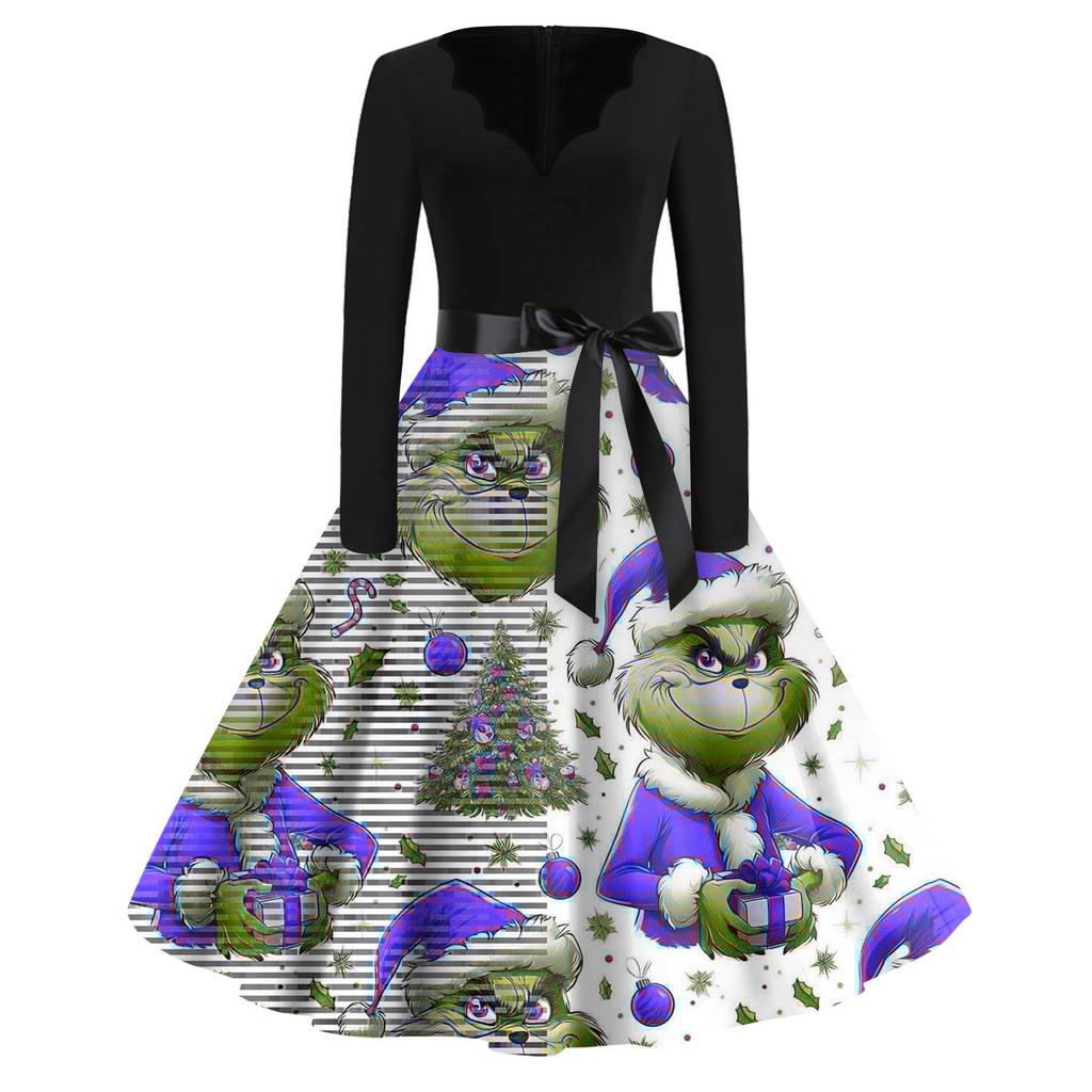 Women's Fashion V-neck Casual Slim-fit Christmas Print Long-sleeved Dress