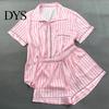 Women Sleepwear Ensemble 2 Pcs/Set Shirt Shorts Suit Lapel Short Sleeves Satin Striped Contrast Short-sleeve Pajama Set Color Top Elastic Waist
