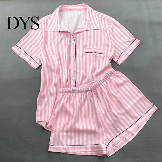 Women Sleepwear Ensemble 2 Pcs/Set Shirt Shorts Suit Lapel Short Sleeves Satin Striped Contrast Short-sleeve Pajama Set Color Top Elastic Waist