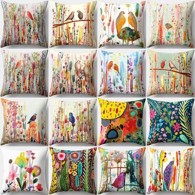 45x45cm Vintage Flower Pillow Case Decor Blue Painting Flower Bird Pillowcase Polyester Cushion Cover for Sofa Car Home