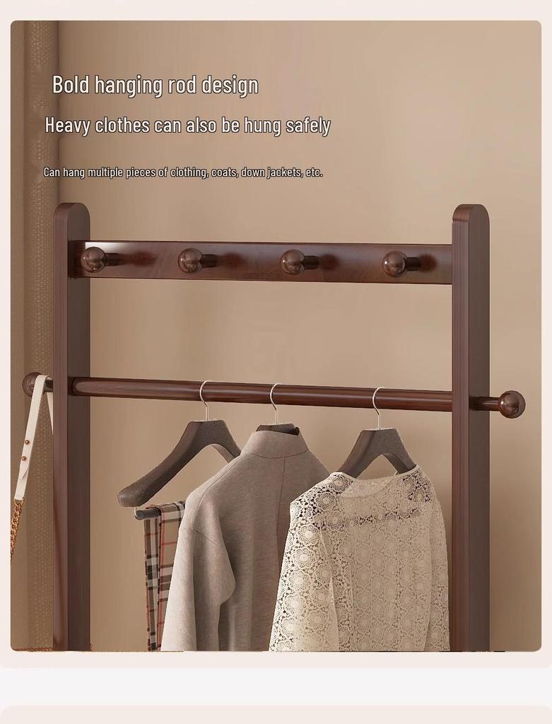 Solid Wood Bedside Table & Coat Rack with Storage Shelf – Indoor Bedroom Floor-Standing Clothes Rack
