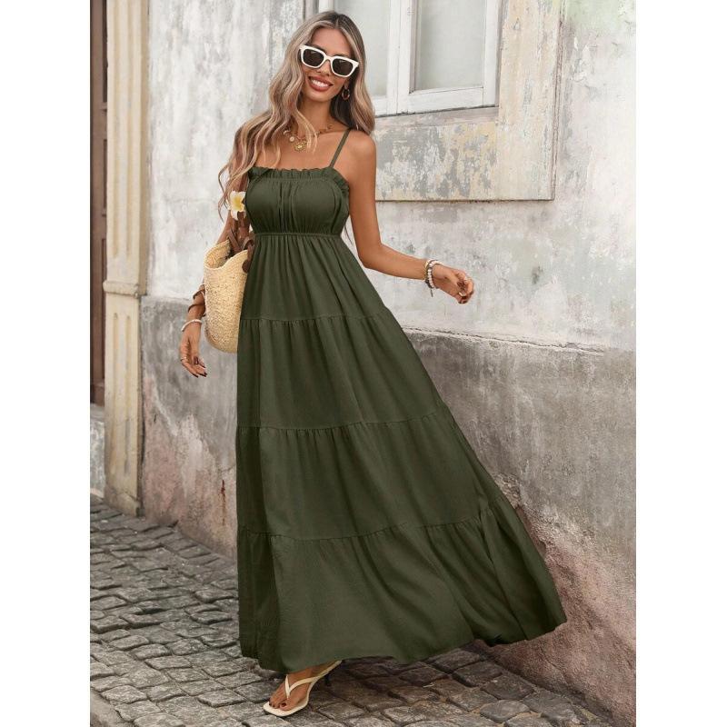 Europe, America 2026 Summer New Vacation Ruffle Edge Slim and Thin Long Suspender Dress Women