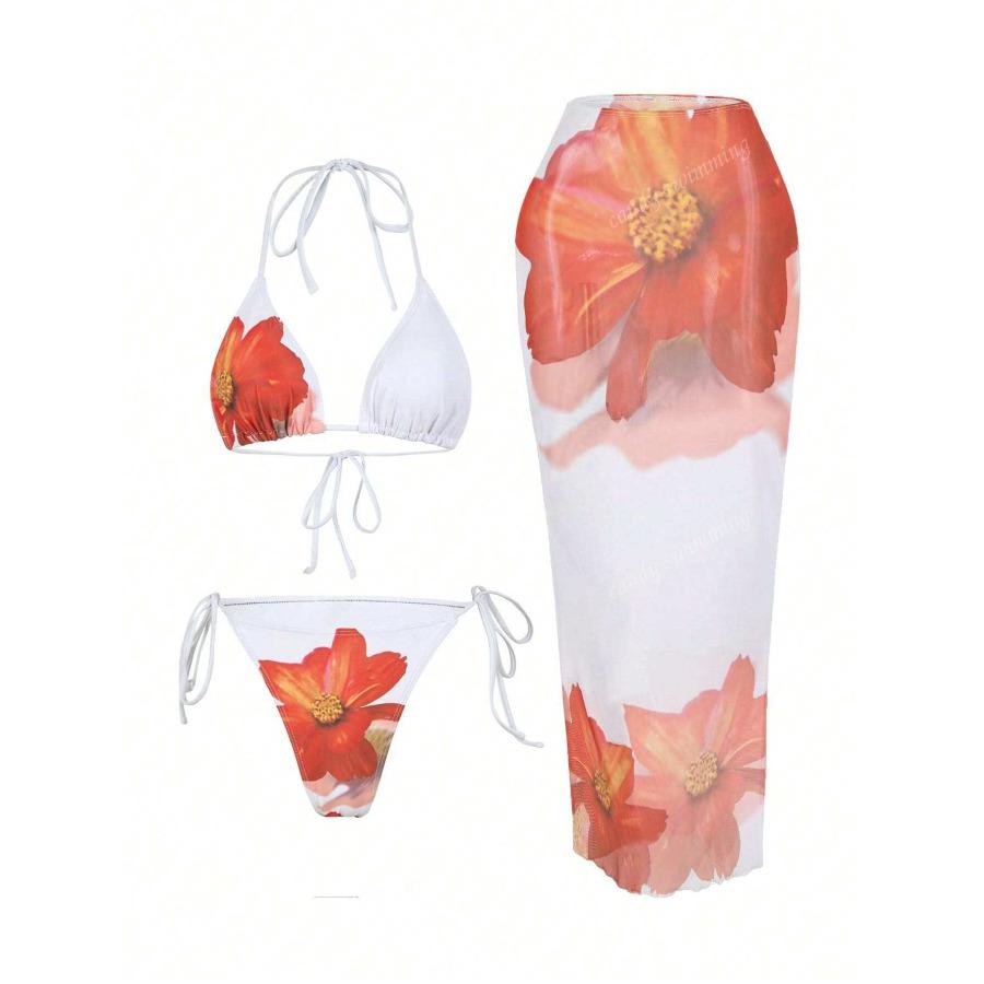 Women's 3 Piece Bikini Set with Skirt Vintage Print Swimwear, Retro Floral Cover Up Bathing Suit for Summer Beach