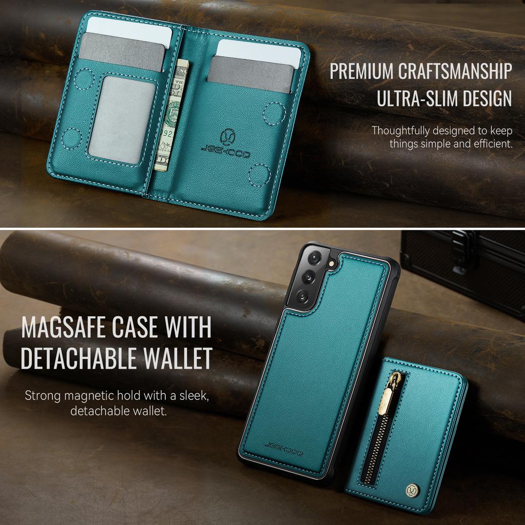 For Samsung Galaxy S21 5G Case JEEHOOD J12 Magnetic Detachable Zipper Wallet Kickstand Leather Back Cover Magnetic Case