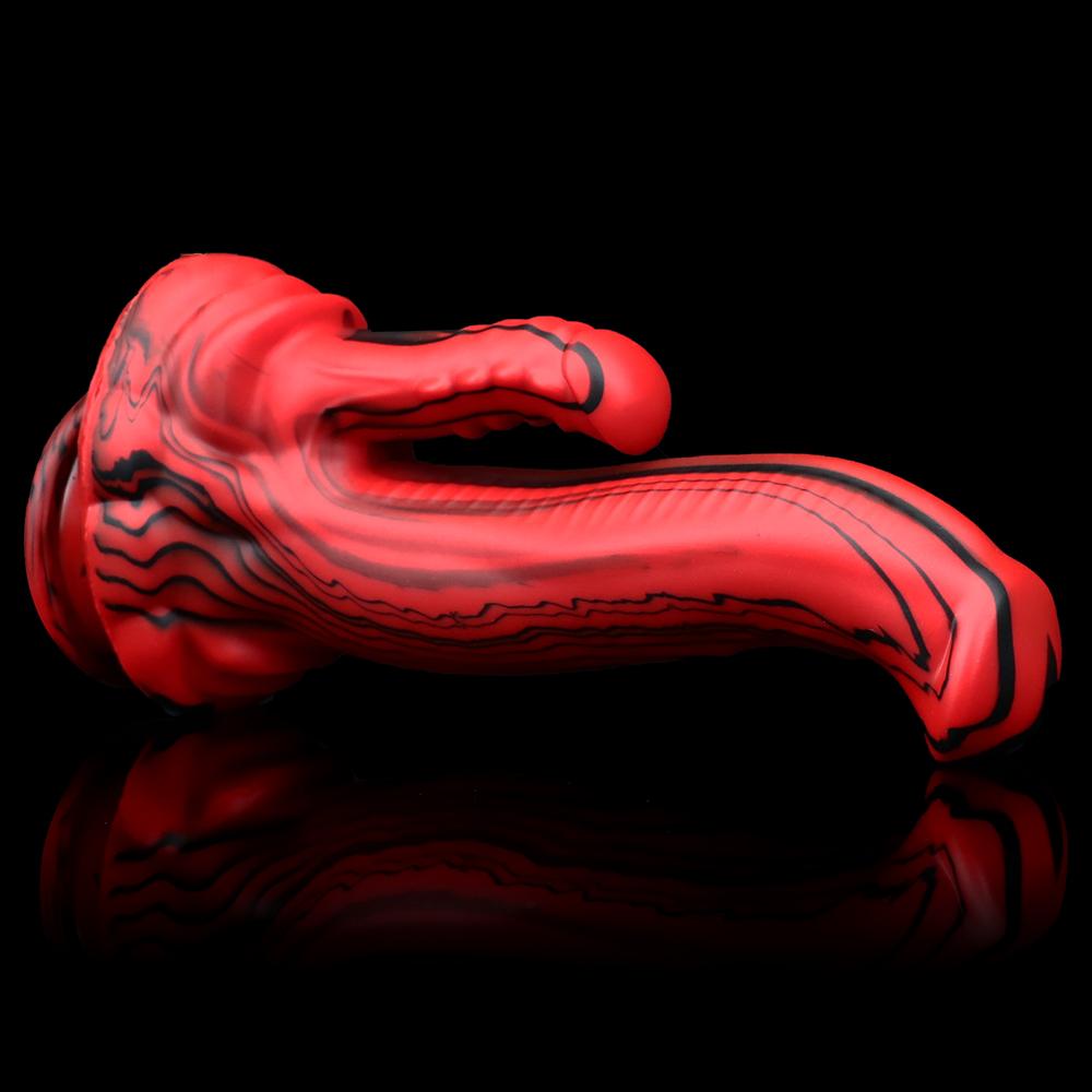 Rotschwarzer Silikon-Monsterdildos, Fantasie-Pferde-/Hundedildo mit Knoten, riesiger Schwanz, dicker Analpenis mit starkem Saugnapf