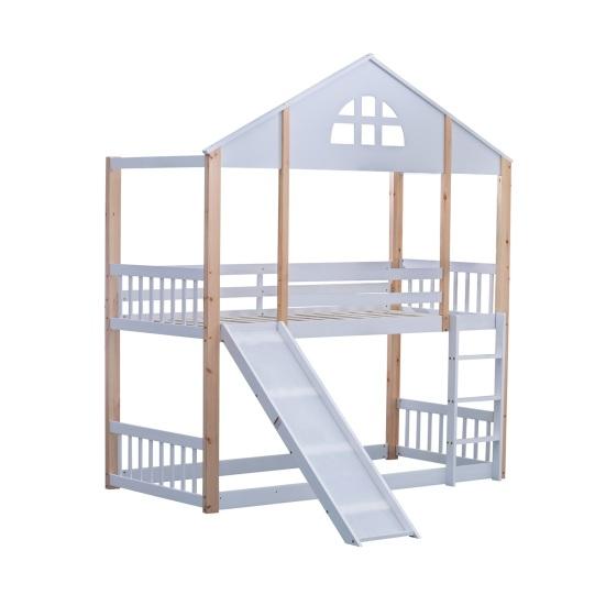 Bunk Bed with Fence Anti-fall Device Characteristic Windows Ladder Wood Frame Family Loft Bed Home