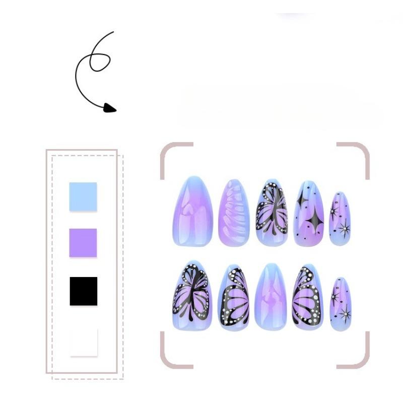 Purple Smudge 3D Love Wearing Nail Short Almond Manicure Fake Nail Butterfly Star Nails Nail Patch