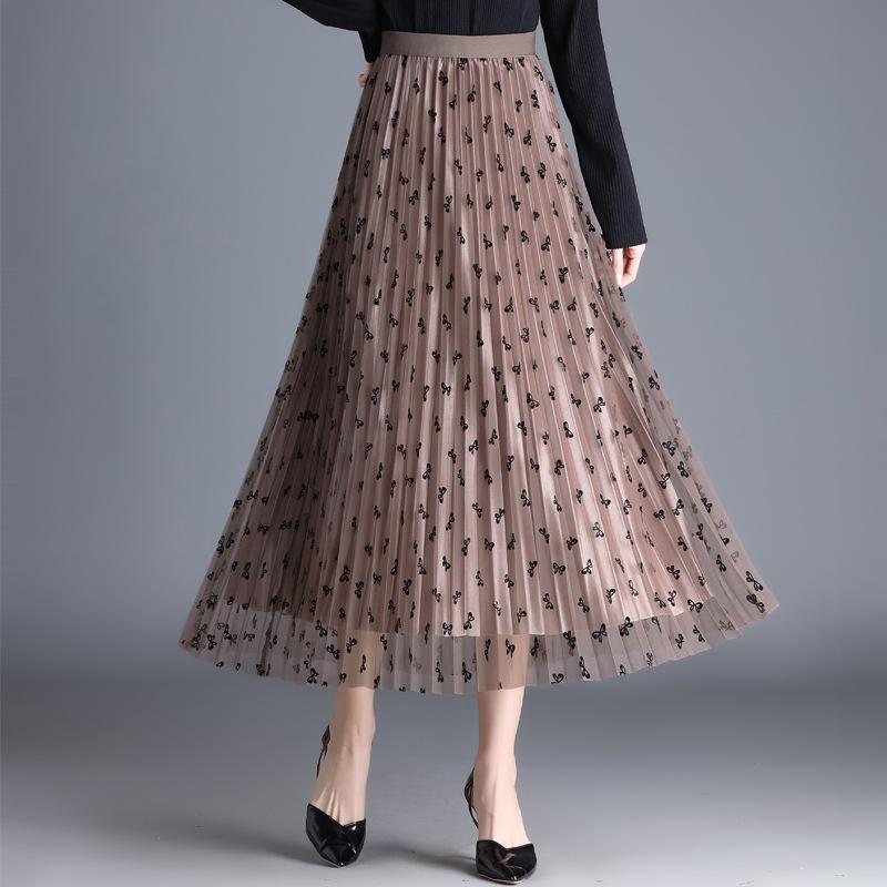 Spódnica z siateczki w kwiaty dla kobiet Wiosna Lato Koronka Flokowanie Duży rozkloszowany elastyczny wysoki stan Moda Elegancka spódnica w kształcie litery A Pół spódnica