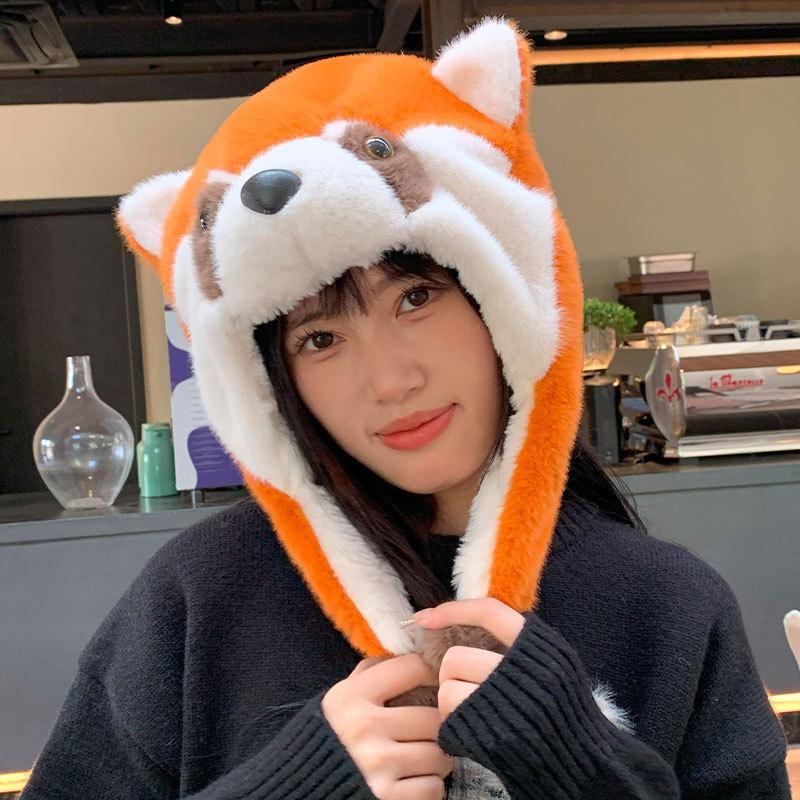 Little raccoon ear protectors pinch ears move cute little panda plush hat female winter thermal pullover hat
