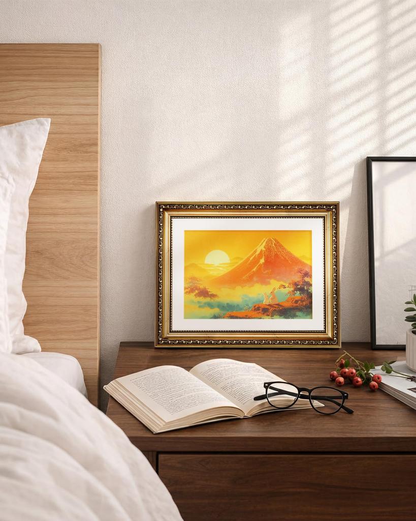 RINTO Art Panel Poster Mount Fuji in Gold Golden Fuji Red Toyama Sun Framed Painting Interior Decor Stylish Rabbit Parent and Child Advancement