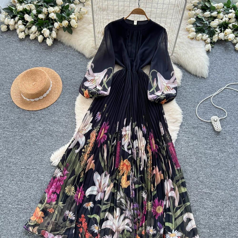 Hochwertiges bedrucktes Kleid für Damen Frühling Herbst A Schlank machende Taille und elegantes plissiertes langes Damenkleid