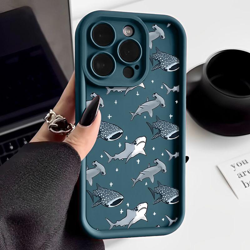 For iPhone 16 16E 15 Pro Max 14 Pro 13 12 11 Case Cartoon Shark Pattern Anti-Fall Matte TPU Lens Protection Shockproof Soft Phone Cover