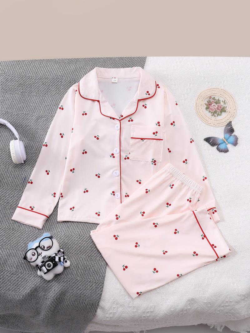 Cherry Print Long Sleeve Pajama Set for Girls 120