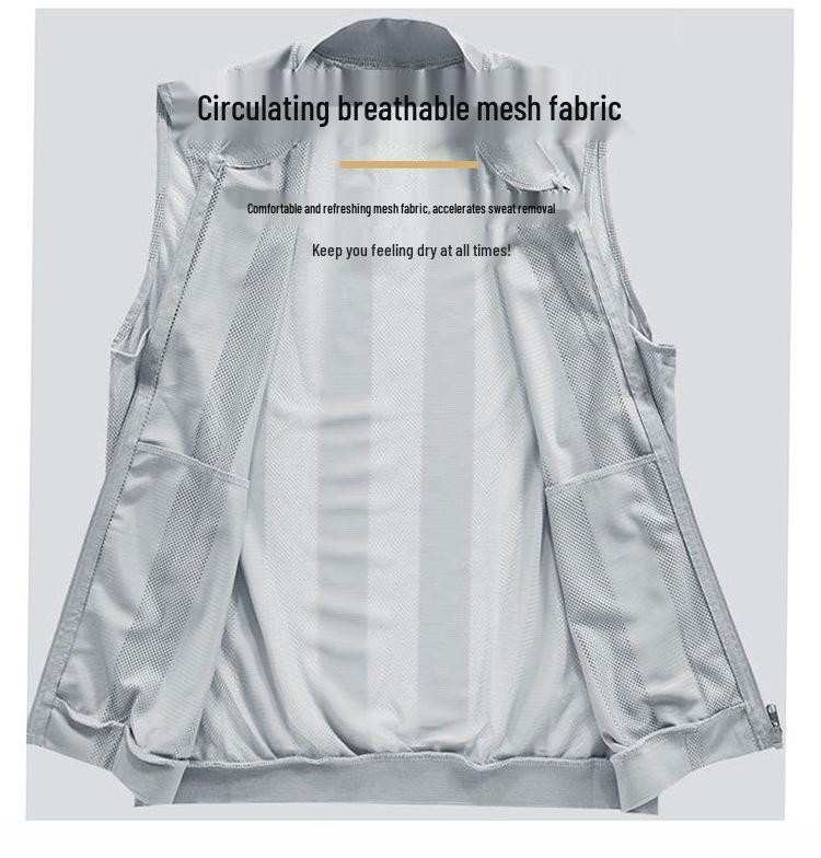 Men's Plus Size Breathable Mesh Stand-Up Collar Vest with Multi-Pocket Design