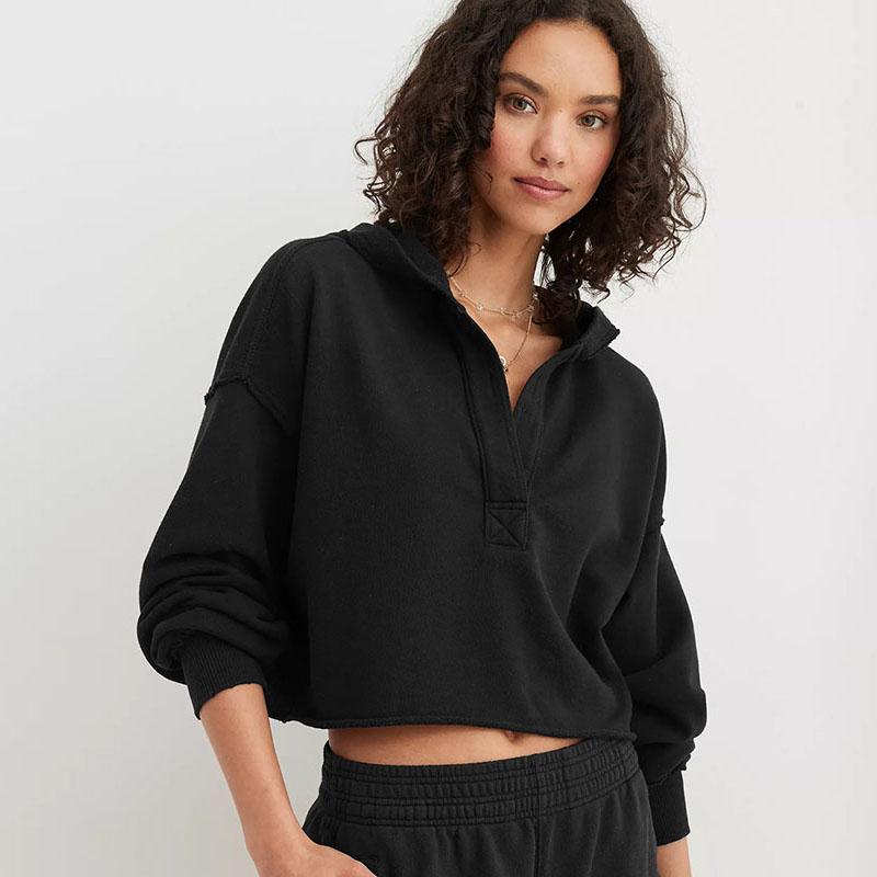 Свободные базовые толстовки с капюшоном, короткие женские толстовки с длинным рукавом, весенне-осенний повседневный пуловер однотонной расцветки S чёрный