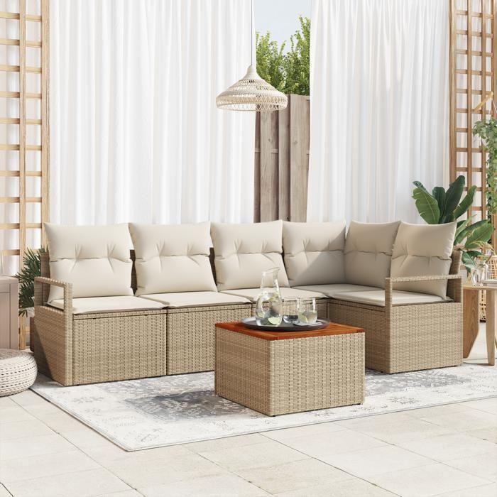 Ensemble de Canapés de Jardin de 6 pièces avec Coussins Beige Poly Rattan Acacia, Canapé de Jardin 2 Places avec Coussins 3347708