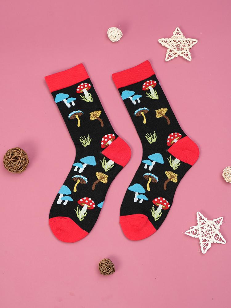 

1 пара разноцветных носков до середины икры с грибным узором на черном фоне, дышащие, мужские и женские, подходят для всех сезонов One Size