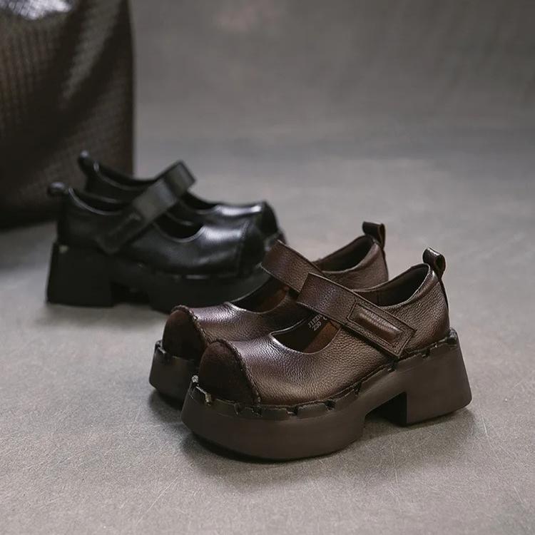 Johnature Genuine Leather Thick Soled High Heels Pumps Fashion Round Toe Women's Platform Shoes