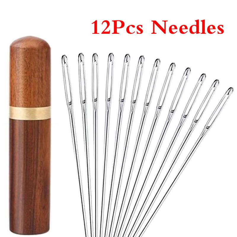 Set de ace de cusut manual pentru bricolaj, 12 buc. Cutie din lemn Suport pentru ace de cusut Tub de depozitare din piele, pentru tricotat, broderie, recipient pentru ace de reparare