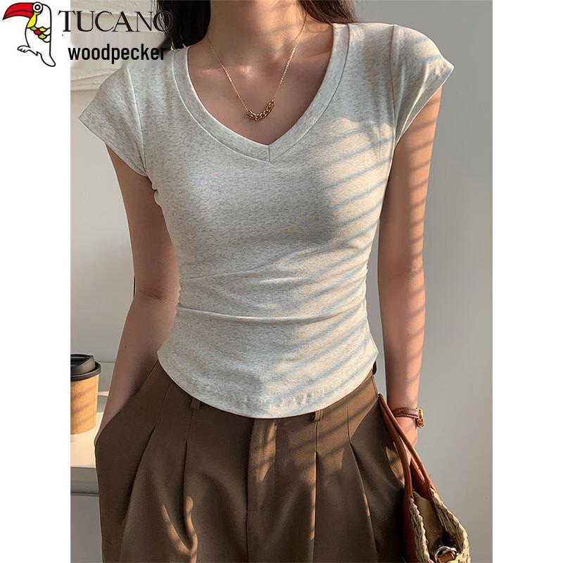 Woodpecker Women s Pure Cotton V-Neck Slim Fit Ruched Short Sleeve T-Shirt S