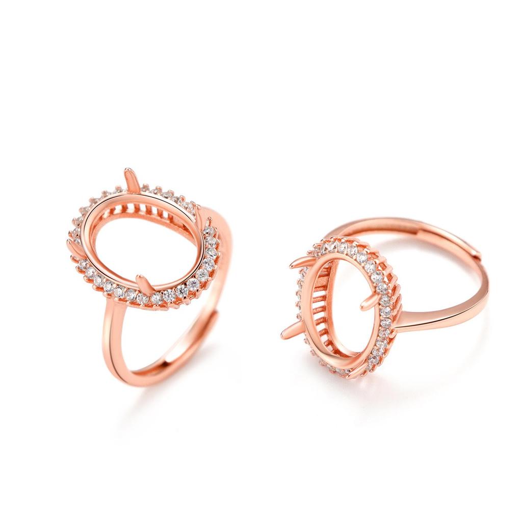 Lady Di Series Adjustable S925 Sterling Silver Rose Gold Plated Oval Ring, Egg-Shaped Empty Setting.