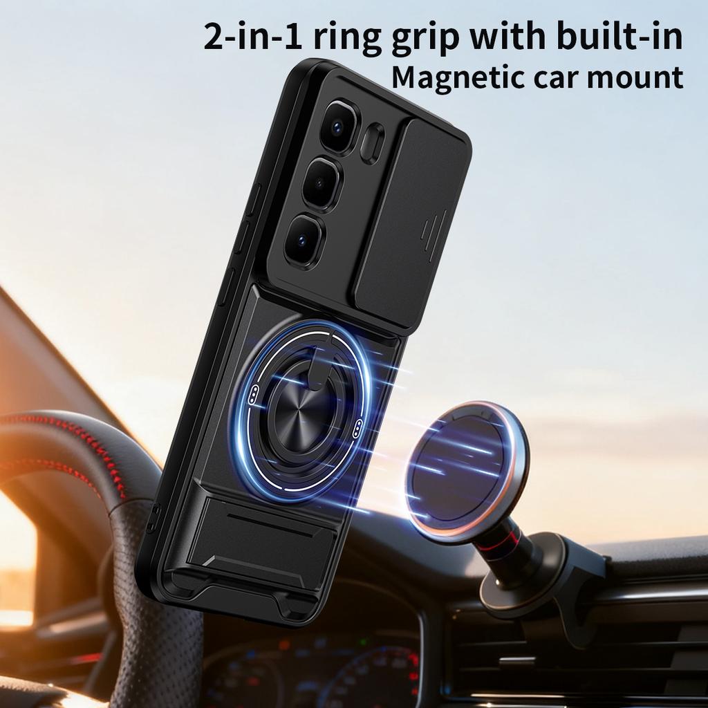 For Infinix Hot 60 Pro+ 4G Magnetic Case Ring Holder Foldable Kickstand TPU PC Phone Cover with Camera Lens Slider