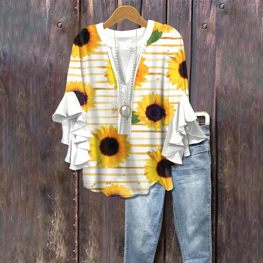 Summer Women's Tops V-Neck Seven Sleeve Shirt Spring Summer Floral Printed Tops Casual Shirt