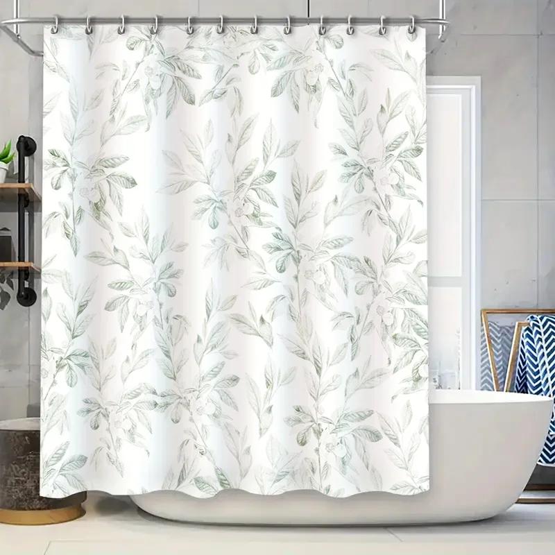 

Luxury Green Floral Printed Shower Curtain Waterproof Bathroom Decor Large Size Bathtub Cover White Flower Pattern Home Decorati W90xH180cm