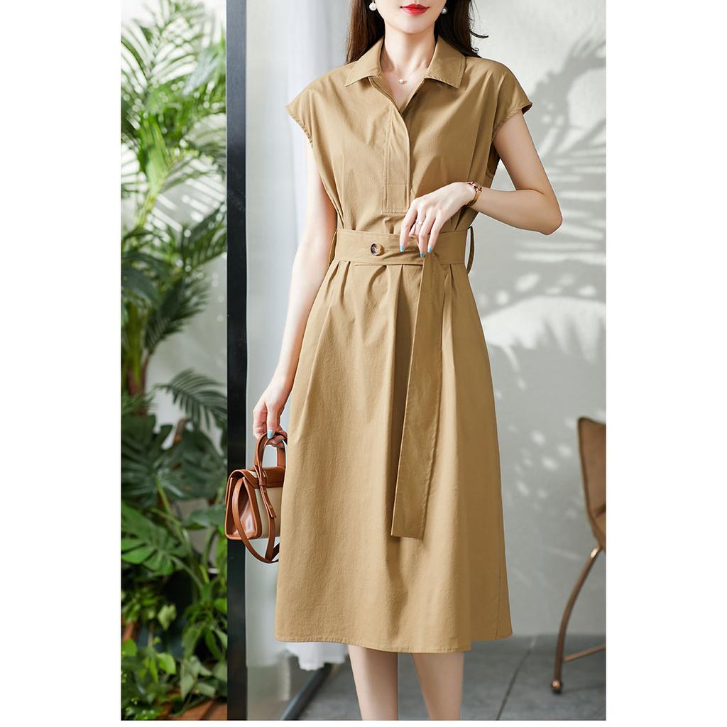 Summer Harajuku Elegant Fashion Solid Waist Lace Up Midi Dress Ladies Short Simple Temperament Robe Dresses