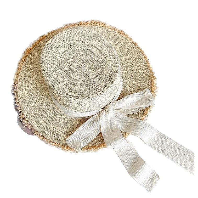 Flat Top Burr Straw Hat Women's Summer Seaside Vacation Beach Sunshade Sunscreen Hat Bow Big Brim Sun Hat