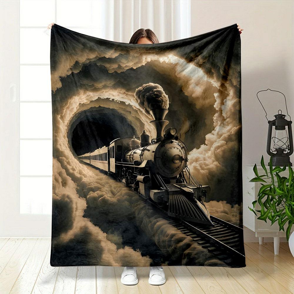 Steam Train Through Cloud Tunnel Patterned blanket, flannel, suitable for all seasons, home decor, warm and cozy