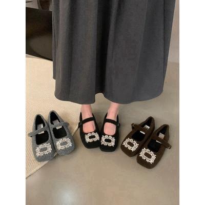 Women's Temperament Mary Jane Shoes Women's Velvet French Evening Breeze Square Head Rhinestone Woolen Shoes Women's Winter Flat Shoes