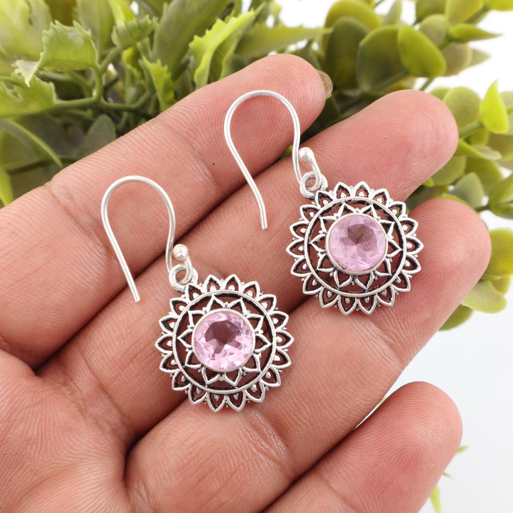 Rosa Kunzit Ohrring, Handgefertigter Edelstein 925 Massiv Sterlingsilber Ohrring Antikschmuck, Für Verlobungsgeschenk